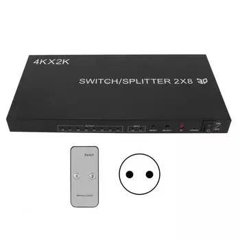 2x8 HD Multimedia Interface Switch 4Kx2K 2 in 8 Out HD Multimedia Interface Distributor with IR EU Plug