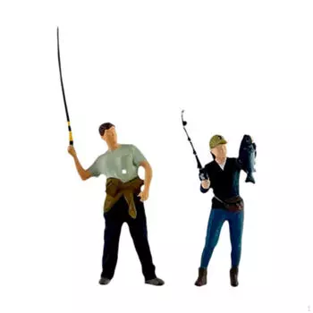 2x 1:64 Scale Fishing Figures Male Female Angler Micro Landscape Art Ornaments Display Mini