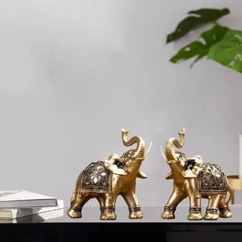 2x Golden Elephant Statue Fengshui Sculpture Car Shelf Shopwindow Figurine