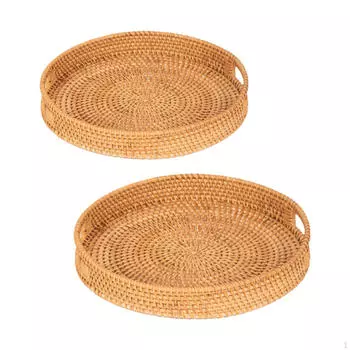 2x круглый поднос из ротанга, портативный декоративный стильный декор журнального столика для фруктового дома