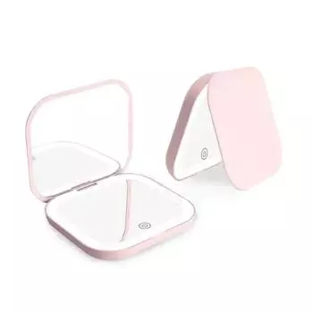 2X Magnifying Compact Small Mini Gift Vanity Table Folding LED Lights Portable Hand Held Pocket Makeup Mirror for Women розовый