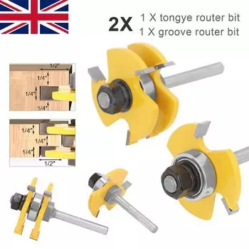 2x Набор фрез для пазов и шпунтов, хвостовик 1/4 дюйма, Т-образный набор инструментов для фрез с 3 зубьями, Великобритания 2PCS