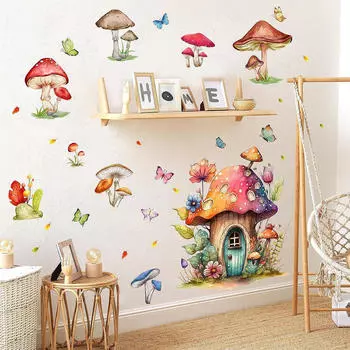 2x Наклейки на стену в виде грибного домика, наклейки в виде бабочек, милый декор для девочек