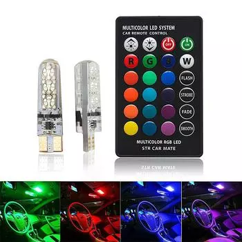 2X T10 водонепроницаемый RGB W5W 5050 6SMD DC 12V пульт дистанционного управления RGB 501 194 168 гирлянда купольная лампа клиновидная боковая автомобильная атмосферная лампа 1pc разноцветный