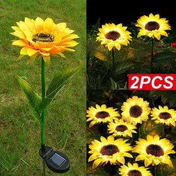 2x уличные солнечные фонари для садовых кольев, светодиодный светильник с подсолнечником и цветком для декора газона