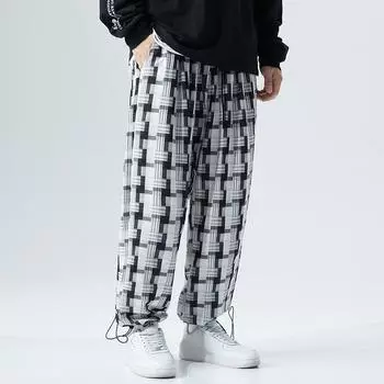 2XL-8XLНовые мужские брюки большого размера, мужские свободные черно-белые шаровары в клетку, повседневные модные утягивающие брюки с завязками на щиколотке, спортивные брюки 2XL