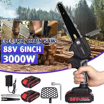 3000 Вт, 6 дюймов, 88 В, мини-электрическая цепная пила с 2 шт. батареями, перезаряжаемая деревообрабатывающая обрезная пила, одноручный садовый электроинструмент 1 x Battery
