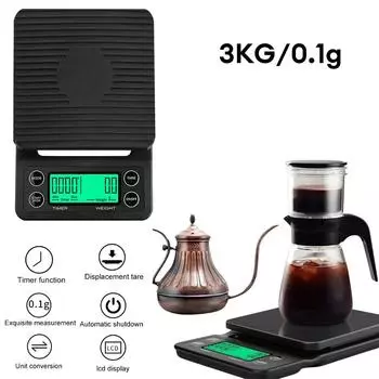 3000g/0.1g Kitchen Electronic Scale with Timer Anti-slip Tray LCD Digital Coffee Balance Scale High Precision Measuring Tool чёрный