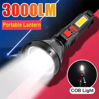 3000LM Мощный светодиодный фонарик USB перезаряжаемый водонепроницаемый фонарь с COB светом портативный фонарь наружное патрульное аварийное освещение чёрный