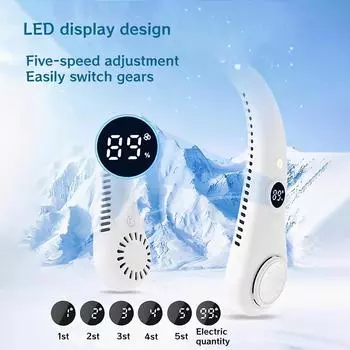 3000mAh Portable LED Digital Display Fan 5 Gear USB Charging Electric Fan Bladeless Silent Neck Fan Outdoor Air Cooler