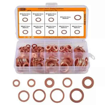 300/200/360 шт. Красная медь Уплотнительное кольцо Сальник Набор прокладок Красная медная плоская шайба Круглая Красная медная уплотнительная коробка 200PCS-195g