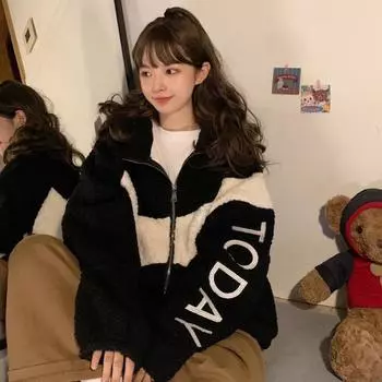 300 г имитация овечьей шерсти] Осенне-зимнее бархатное утолщенное свободное универсальное ленивое ветроустойчивое теплое студенческое пальто для женщин M белый