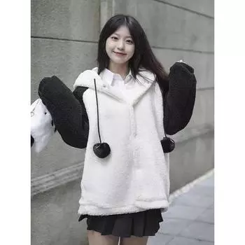 300 г искусственной овечьей шерсти, симпатичное пальто из овечьей шерсти с пандой, женское, осенне-зимнее, новое, утолщенное, вельветовое, в стиле колледжа, универсальное S белый