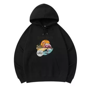 300 г/м Мужские хлопковые толстовки с капюшоном Художественная иллюстрация Фламинго на пляже в стиле ретро с принтом Премиум хлопок Толстовка XS армия зеленый