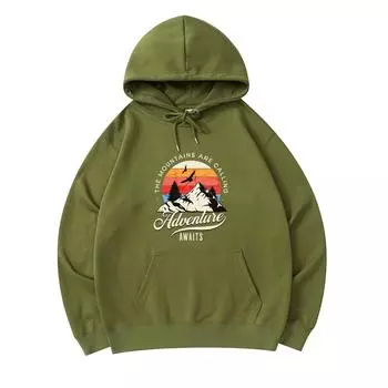 300 GSM Men s Cotton Hoodies Adventure Await Wilderness Camping Print Premium Cotton Sweatshirt XS армия зеленый