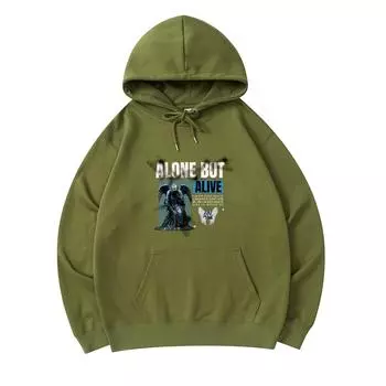 300 GSM Men s Cotton Hoodies Alone But Alive Print Premium Cotton Sweatshirt XS армия зеленый