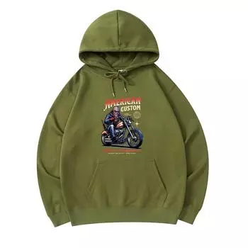 300 GSM Men s Cotton Hoodies American Custom Vintage Motorcycle Print Premium Cotton Sweatshirt XS армия зеленый