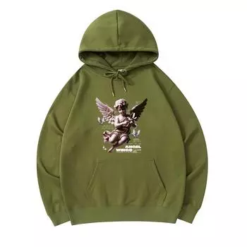 300 GSM Men s Cotton Hoodies Angel Wings Print Premium Cotton Sweatshirt XS армия зеленый