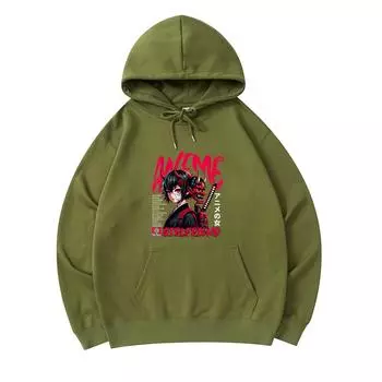 300 GSM Men s Cotton Hoodies Anime Girlfriend Japan Girl with Oni Demon Mask Print Premium Cotton Sweatshirt XS армия зеленый