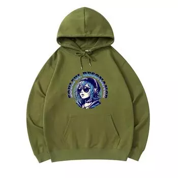 300 GSM Men s Cotton Hoodies Anime Girl with Headphones Print Premium Cotton Sweatshirt XS армия зеленый