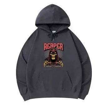 300 GSM Men s Cotton Hoodies Grim Reaper Hardcore Band Illustration Print Premium Cotton Sweatshirt XS армия зеленый
