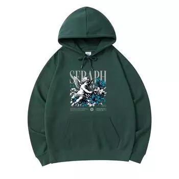 300 GSM Men s Cotton Hoodies Vintage Seraph Print Premium Cotton Sweatshirt XS армия зеленый