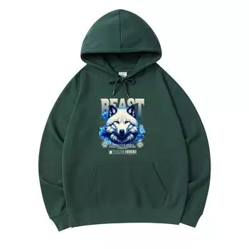 300 GSM Men s Cotton Hoodies White Wolf Print Premium Cotton Sweatshirt XS армия зеленый