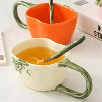 300 мл французская керамическая кружка с большой ручкой, креативная тыквенная кружка с ложкой, чашка для послеобеденного чая, кофейная чашка, милый подарок, молочные чашки 300ml