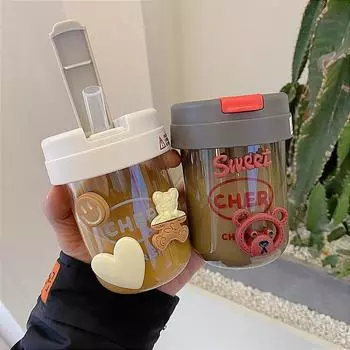 300 мл пластиковая бутылка для воды с соломинкой, милая наклейка, портативная уличная бытовая спортивная чашка для чая, бутылка для воды для девочек и детей