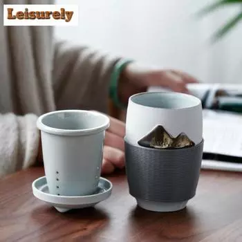 300 мл расписной пейзаж керамическая чашка с крышкой фильтр грубой керамики офисная кружка для заваривания портативный дорожный кувшин для воды кофейная утварь подарки