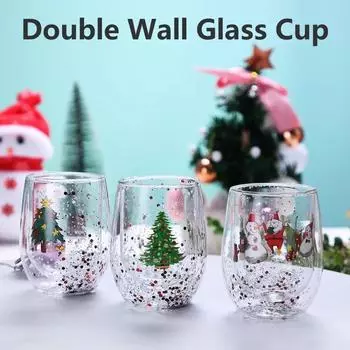 300 мл Рождественская стеклянная кружка с двойными стенками, термостойкая кружка для воды, рождественская елка, снеговик, кружка для сока, чая, кофе, рождественский подарок 300ML