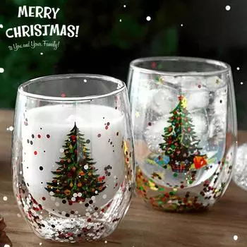 300 мл Рождественская стеклянная кружка с двойными стенками и узором в виде рождественской елки, термостойкие стаканы для воды, сока, чая, молока, кофе, кружка для подарков на Новый год 300ml
