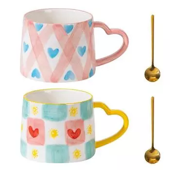 300 мл симпатичная стильная керамическая кружка с ложкой, расписанная вручную, с изображением сердца, креативная кофейная чашка для завтрака, молока, чая, кружка для девочки, праздничный подарок 301-400ml