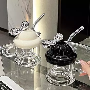 300 мл стеклянная кружка с бантом и соломинкой бутылка для воды домашняя кружка для кофе и молока для девочек портативная стеклянная кружка в европейском стиле напитки изысканные подарки 300ML