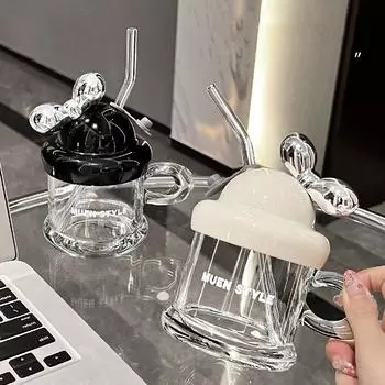 300 мл стеклянная кружка с бантом и соломинкой бутылка для воды домашняя кружка для кофе и молока для девочек портативная стеклянная кружка в европейском стиле напитки изысканные подарки 300ML