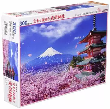 300 Piece Jigsaw Puzzle World Heritage Site Fuji and Sengen Shrine with Dancing Cherry Blossoms (26x38cm)
