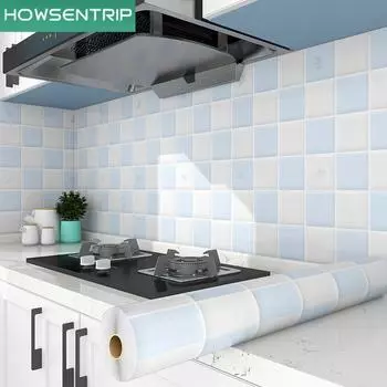300 см x 60 см сине-белая клетчатая кухонная маслостойкая наклейка Водонепроницаемые самоклеящиеся жаростойкие обои Вытяжка шкафа Огнестойкая наклейка на стену 300cmx60cm
