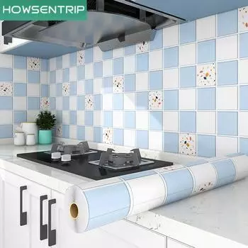 300 см x 60 см синяя клетчатая кухонная маслостойкая наклейка Водонепроницаемые самоклеящиеся жаростойкие обои Вытяжка шкафа Огнестойкая наклейка на стену 300cmx60cm