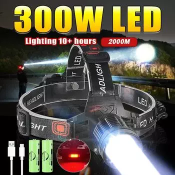 300 Вт светодиодный мощный налобный фонарь перезаряжаемый налобный фонарик масштабируемый водонепроницаемый регулируемый налобный фонарь уличный налобный фонарь 18650 no battery чёрный