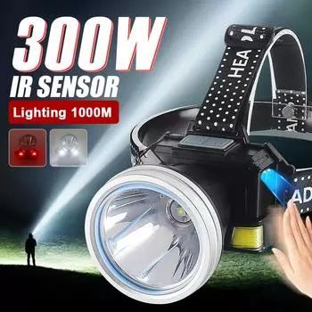 300 Вт светодиодный ультрамощный налобный фонарь с интеллектуальным датчиком, перезаряжаемая лампа, 6 режимов, супер яркий налобный фонарь, встроенный аккумуляторный фонарь B-XPG wick no IR sensor
