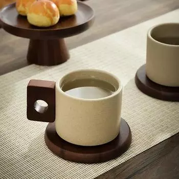 300ml Antique Ceramic Tea Cup with Tray Vintage Wooden Handle Coffee Cup Home Office Mug Birthday Gift Breakfast Mug Home Decor 300ml