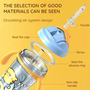 300ml cartoon animal pattern straw kettle, heat insulation and anti-scald, with handle, boy and girl student water bottle синий