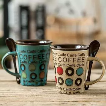 300ML Ceramic Coffee Cup Milk Mug Household Drinking Cups with Lid Spoon Creative Personality Trend 301-400ml