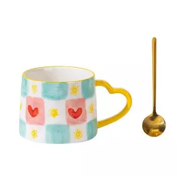300ML Hand-Painted Love Heart Coffee Cup with spoon Cute Ins Style Ceramic Mug Valentine s Day present Breakfast Milk Tea Cup 301-400ml
