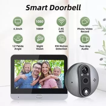 300PA Smart Life Tuya 1080P Wi-Fi дверной колокольчик глазок камера 5000 мАч аккумулятор PIR детектор движения ИК Alexa Google цифровой просмотрщик 300PA чёрный