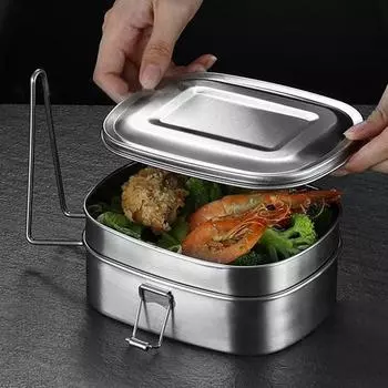 304 Нержавеющая сталь Bento Lunch Box с ручкой для студентов Большая вместимость Квадратные герметичные отсеки Контейнеры для хранения продуктов