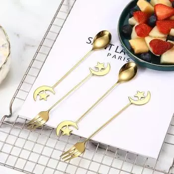 304 Нержавеющая сталь Кофейная ложка Lovely Golden Star Moon Ложки для помешивания Чайная ложка Фруктовая десертная ложка для торта Вилка Аксессуары для кафе