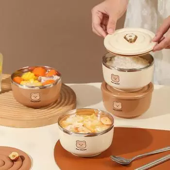 304 Нержавеющая сталь миски для рисового супа с крышкой Детская столовая посуда Противоожоговая миска для лапши рамен Контейнер для еды Кухонная утварь бежевый