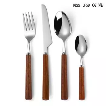 304 Нержавеющая сталь нож вилка ложка столовые приборы набор из 4 предметов ретро круглая ручка шабили деревянный стейк YSH-53-4PS серебряный
