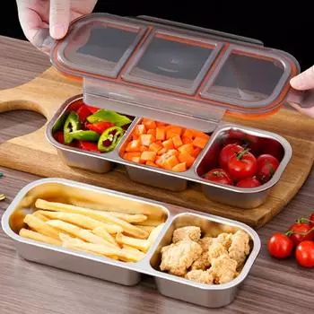 304 Stainless Steel Divided Lunch Box Food Storage Box with Lid Leak-proof Seasoning Dishes Tray Kitchen Tableware